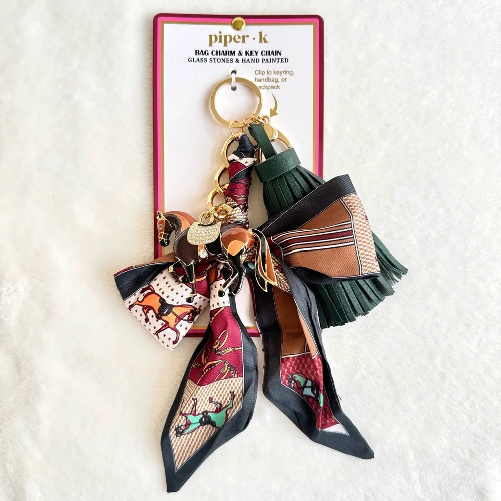 Piper K Equestrian Key Chain / Bag Charm w/ Tassel, Scarf, Chain, & Horse Charm